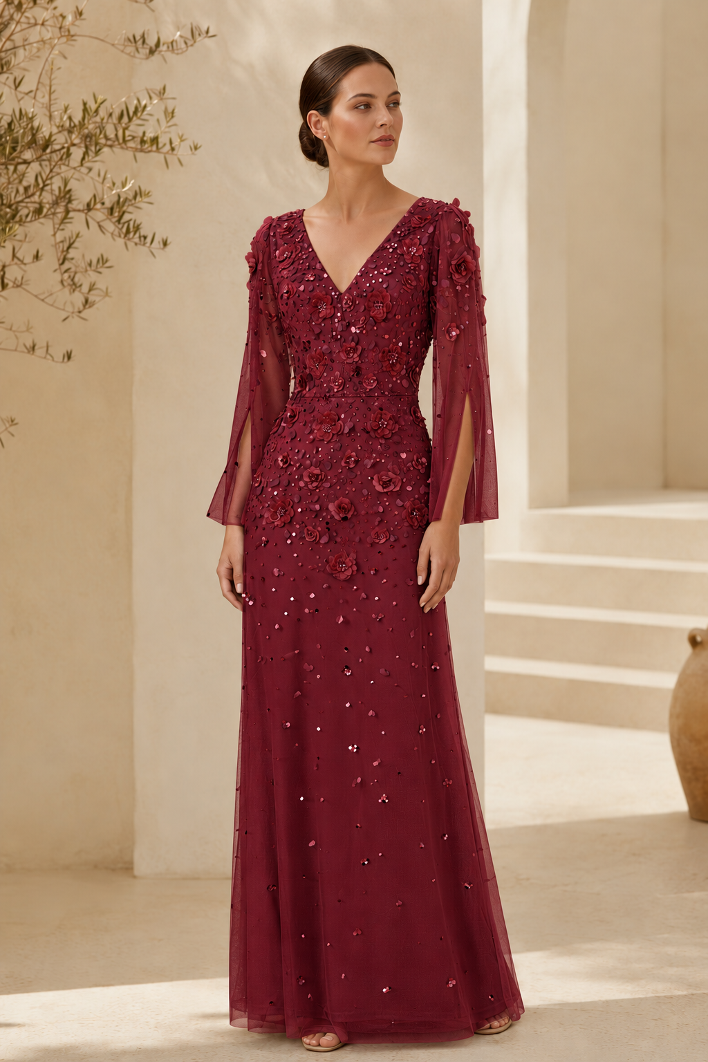 Floral Beaded Long Sleeve Evening Gown