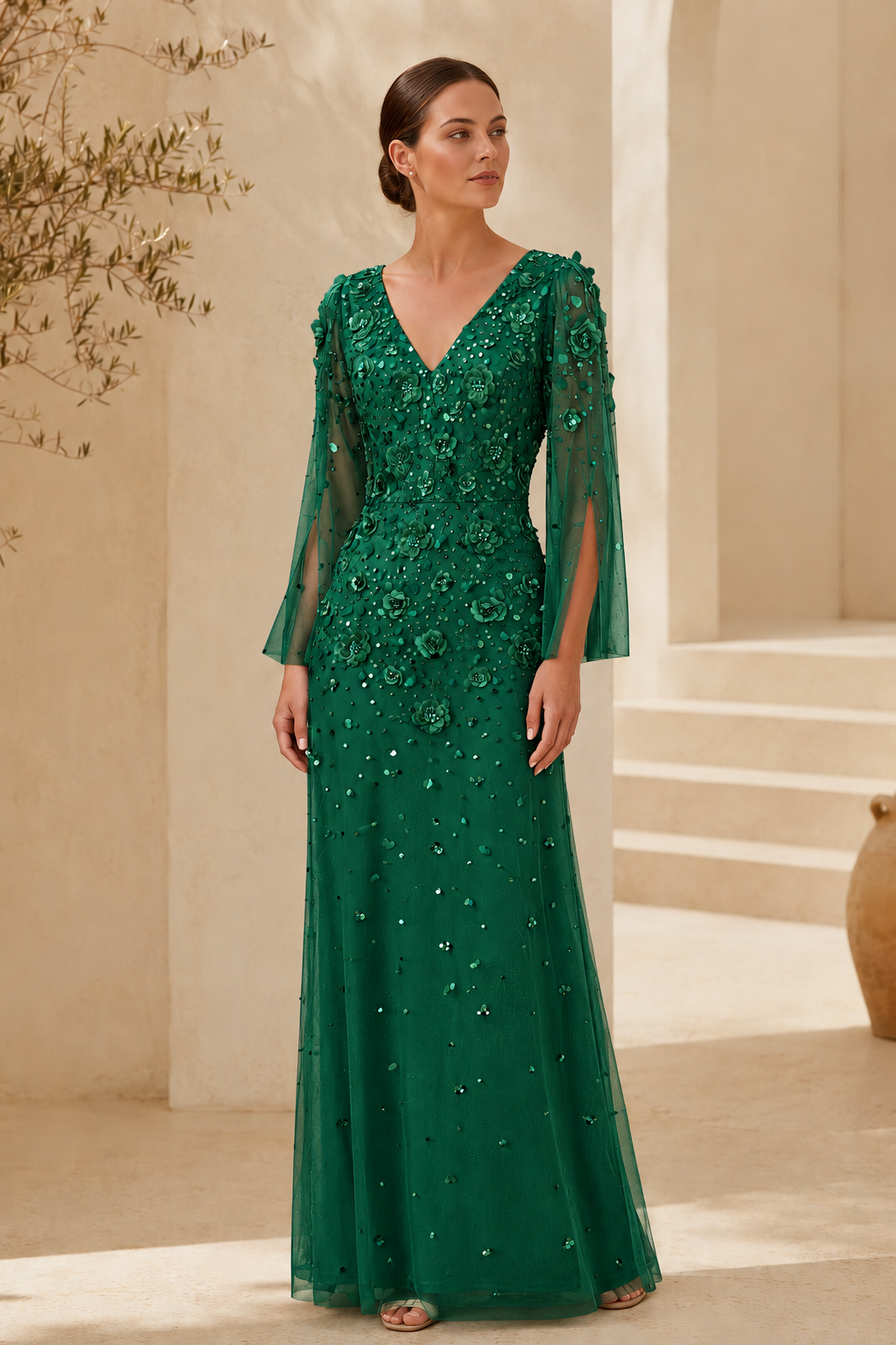 Floral Beaded Long Sleeve Evening Gown