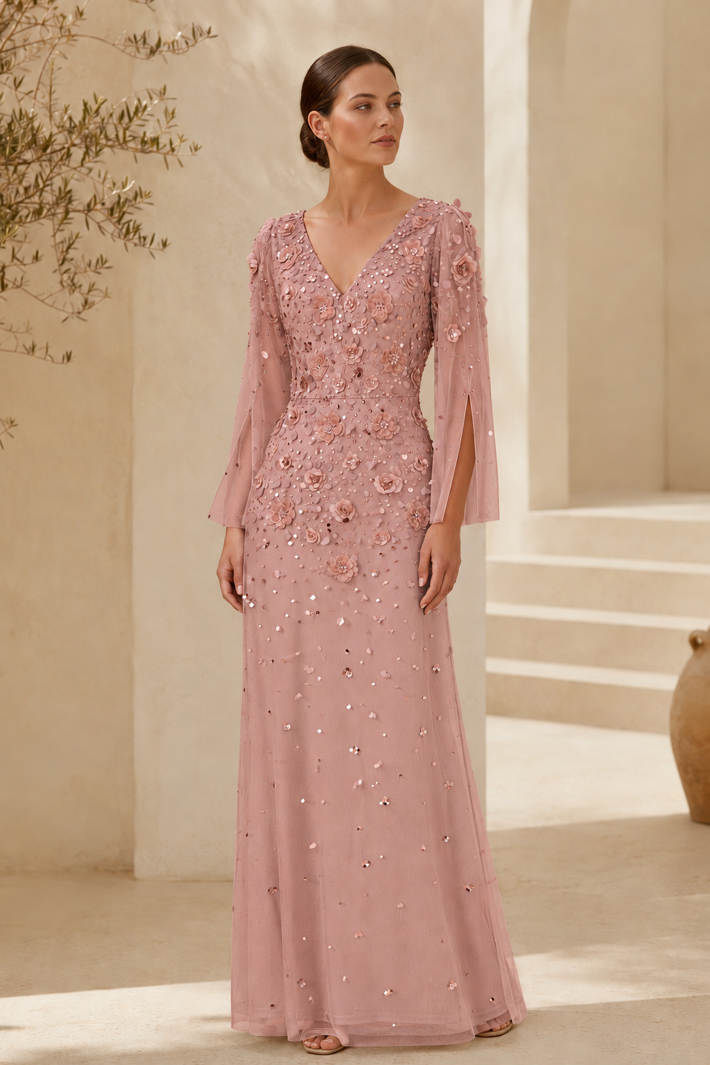 Floral Beaded Long Sleeve Evening Gown