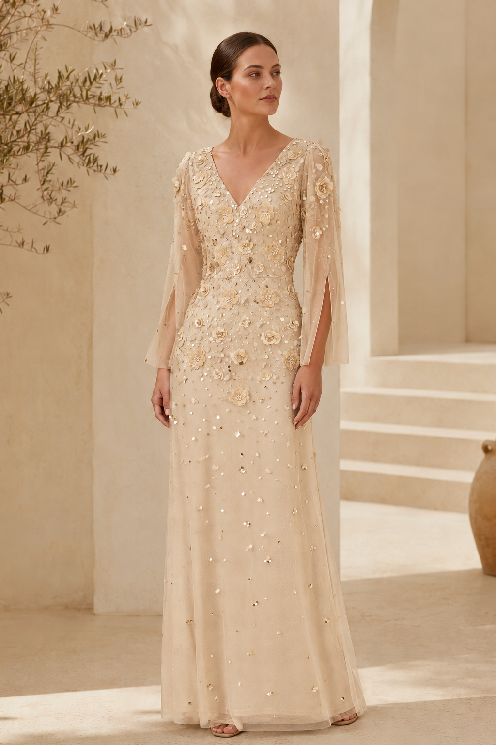 Floral Beaded Long Sleeve Evening Gown