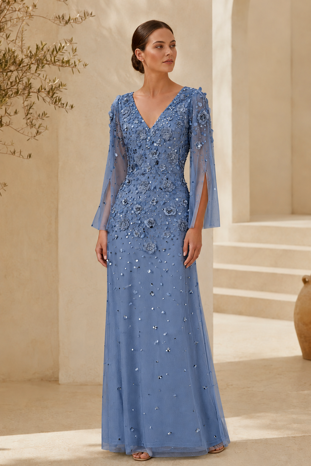Floral Beaded Long Sleeve Evening Gown