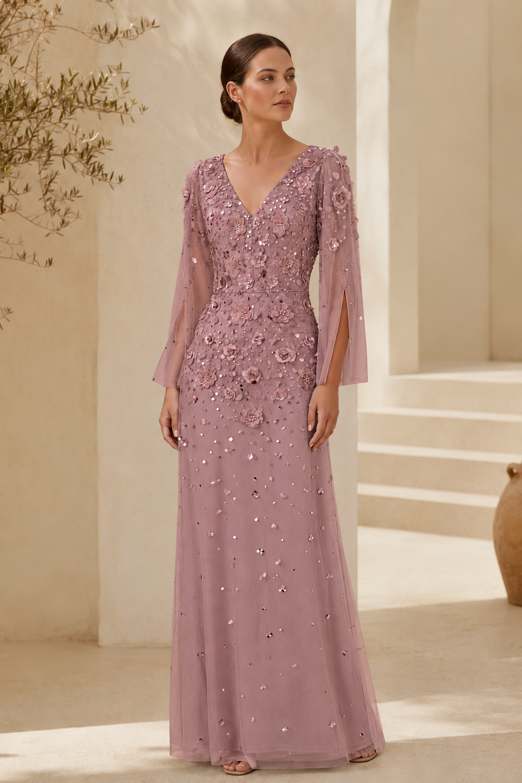 Floral Beaded Long Sleeve Evening Gown