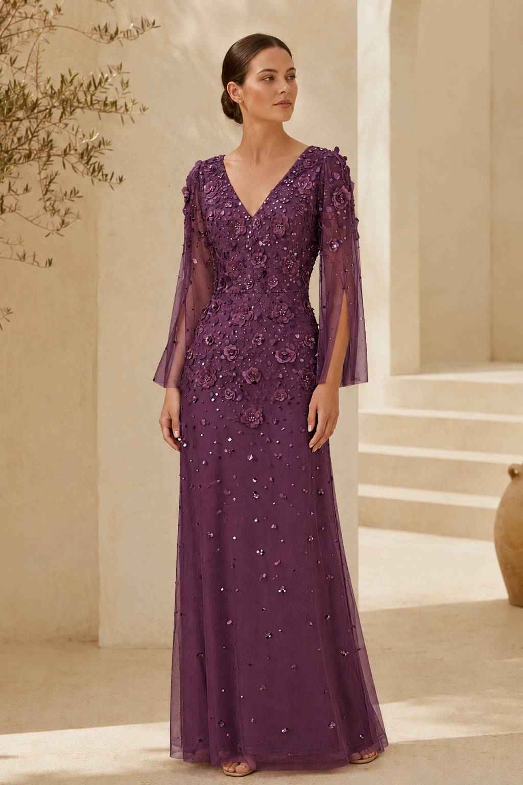 Floral Beaded Long Sleeve Evening Gown