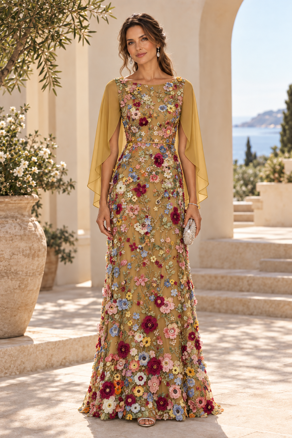 3D Floral Applique Gown with Draped Back Cape