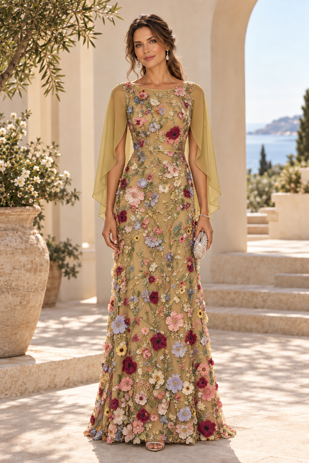 3D Floral Applique Gown with Draped Back Cape