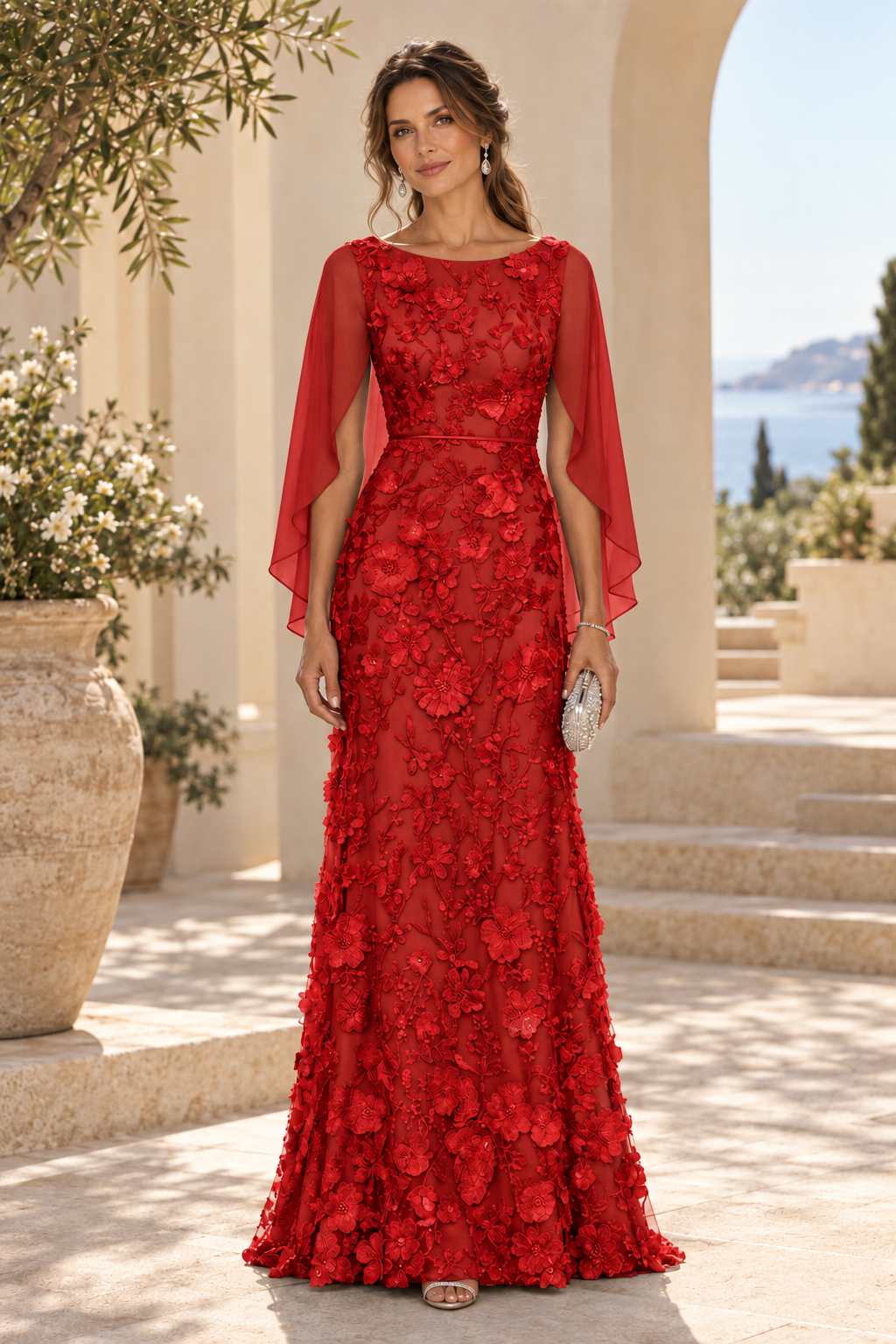 3D Floral Applique Gown with Draped Back Cape