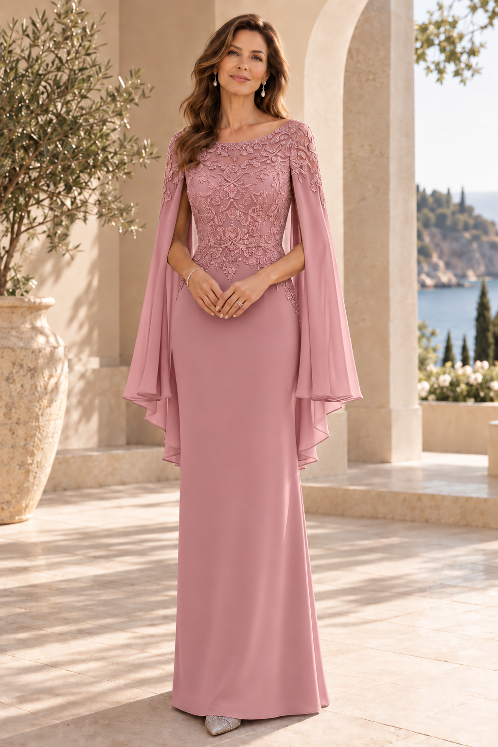 Embroidered Cape Sleeve Floor-Length Gown