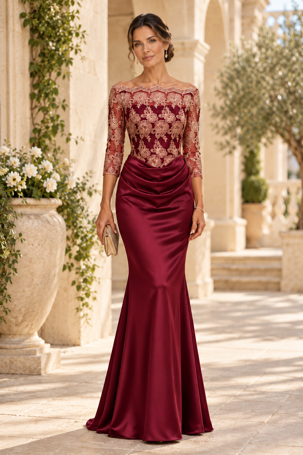 Embroidered Lace Bodice Mermaid Evening Gown