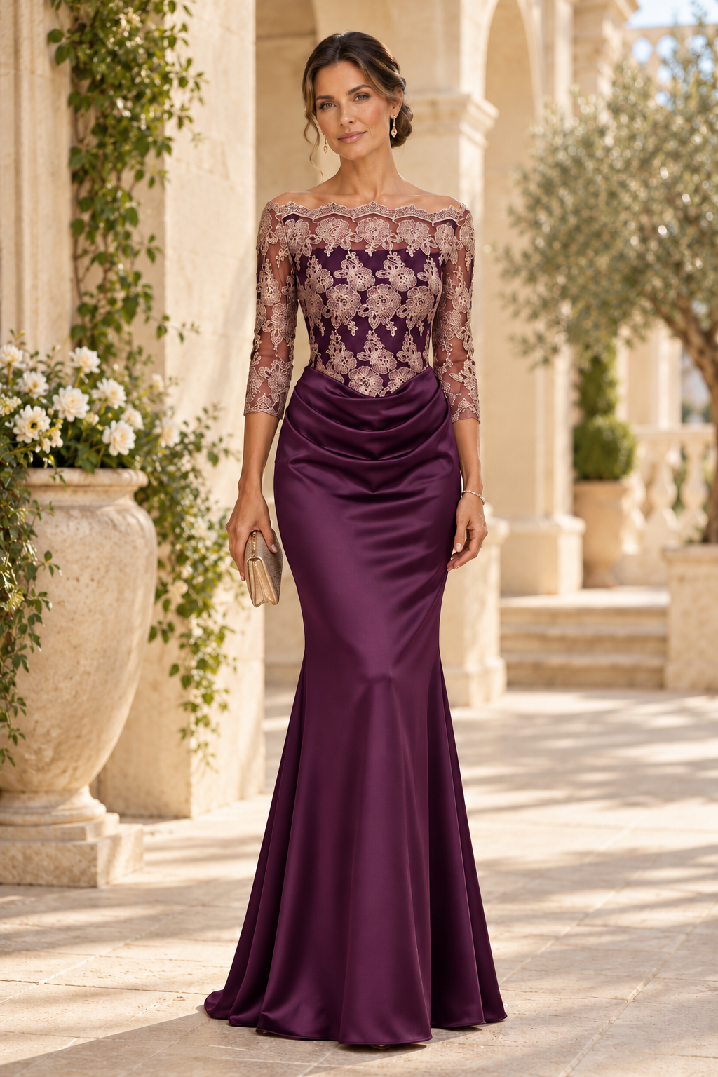 Embroidered Lace Bodice Mermaid Evening Gown