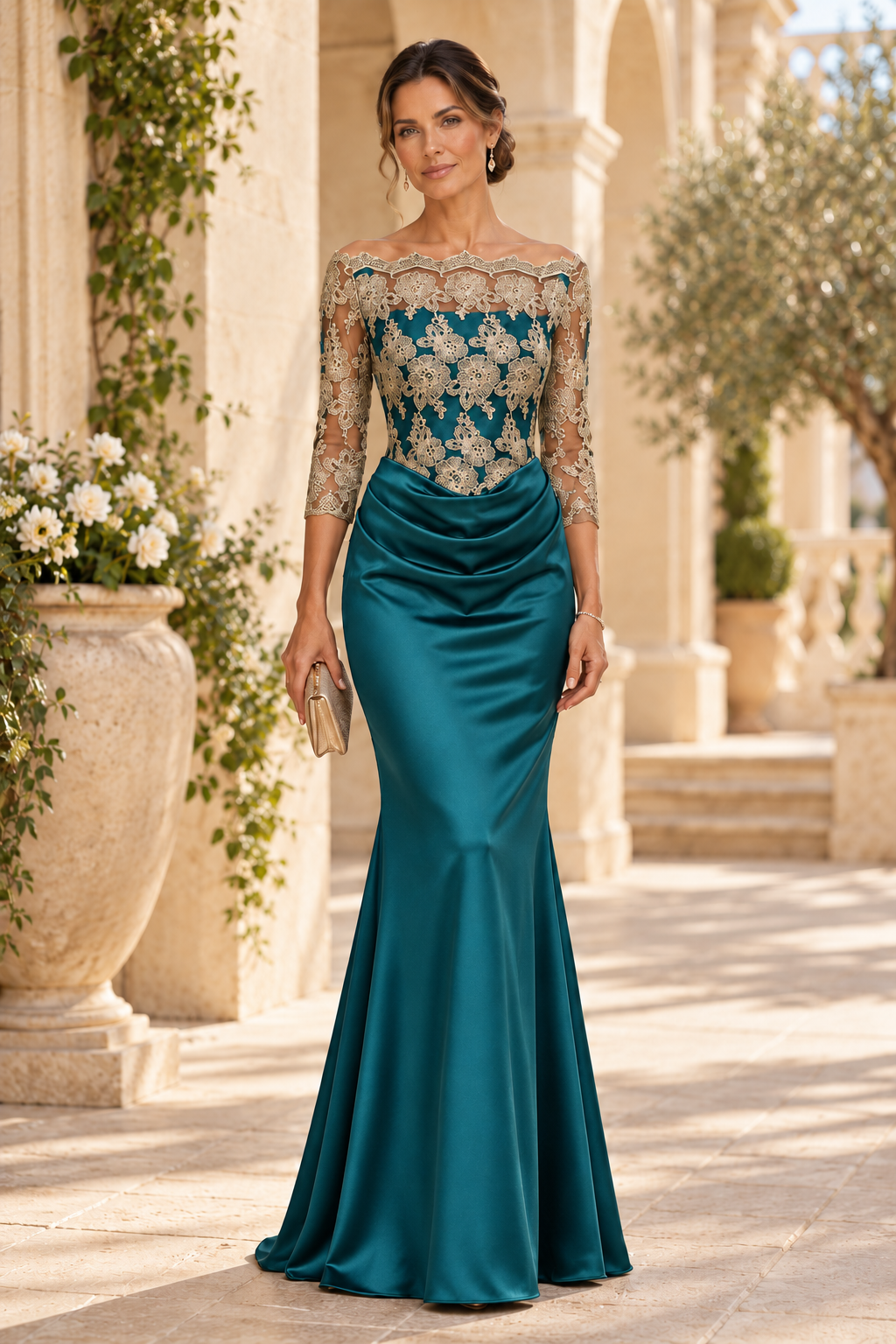 Embroidered Lace Bodice Mermaid Evening Gown