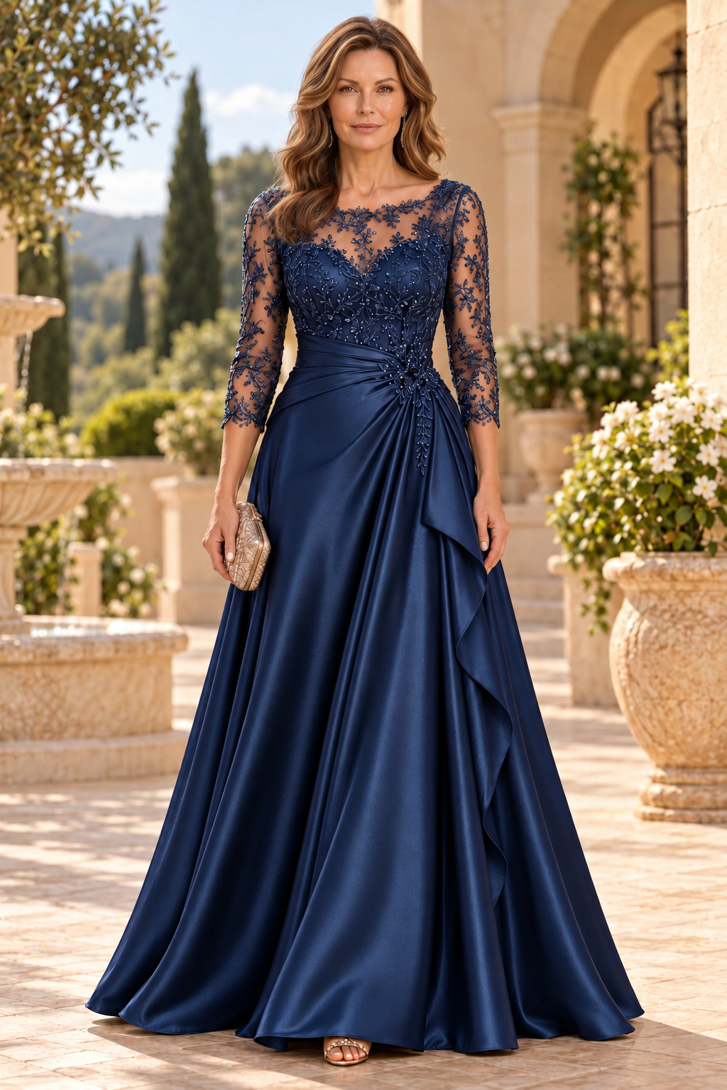 Embroidered Illusion Bodice Satin A-Line Gown