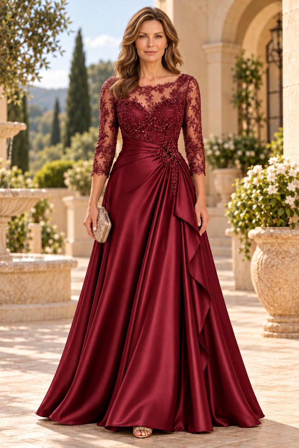 Embroidered Illusion Bodice Satin A-Line Gown