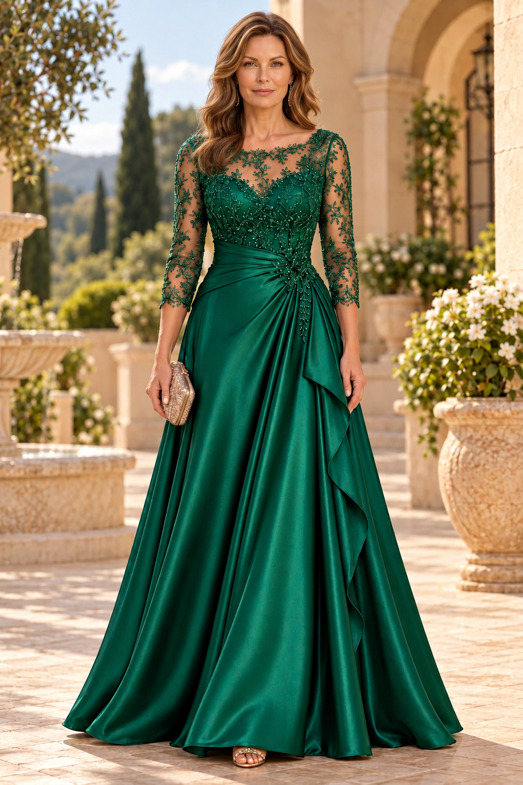 Embroidered Illusion Bodice Satin A-Line Gown