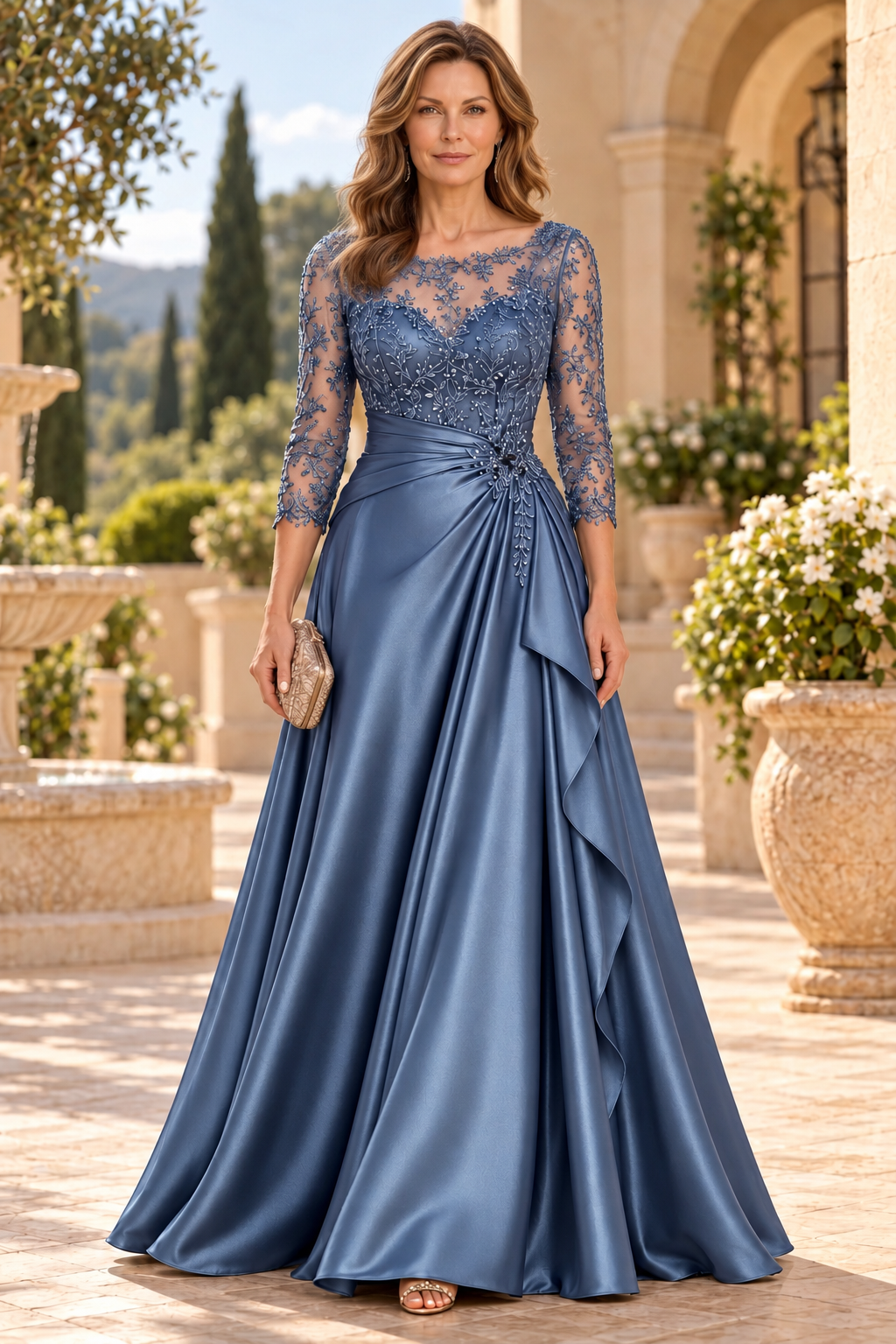 Embroidered Illusion Bodice Satin A-Line Gown