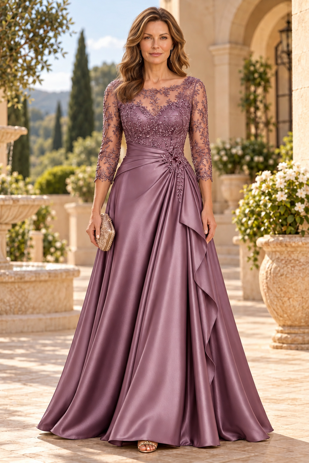 Embroidered Illusion Bodice Satin A-Line Gown