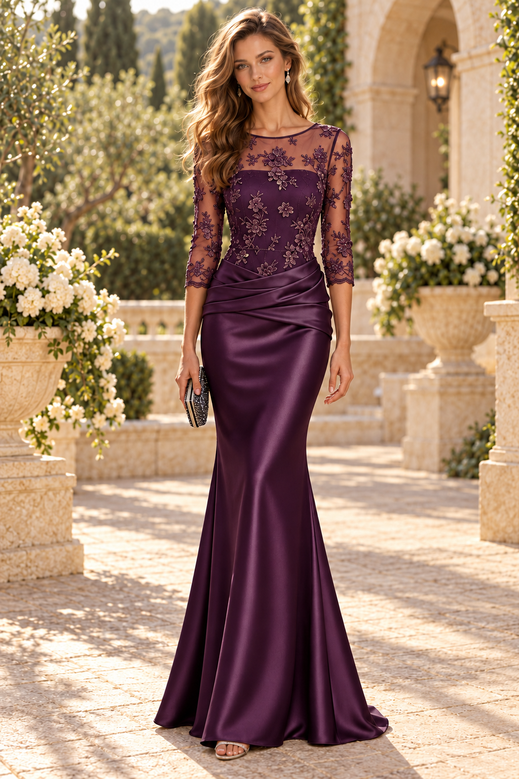 Embroidered Illusion 3/4 Sleeve Satin Mermaid Gown