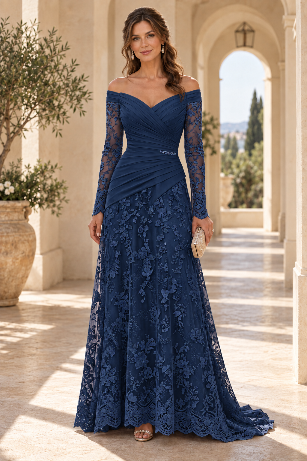 Off-the-Shoulder Ruched Bodice Lace Gown