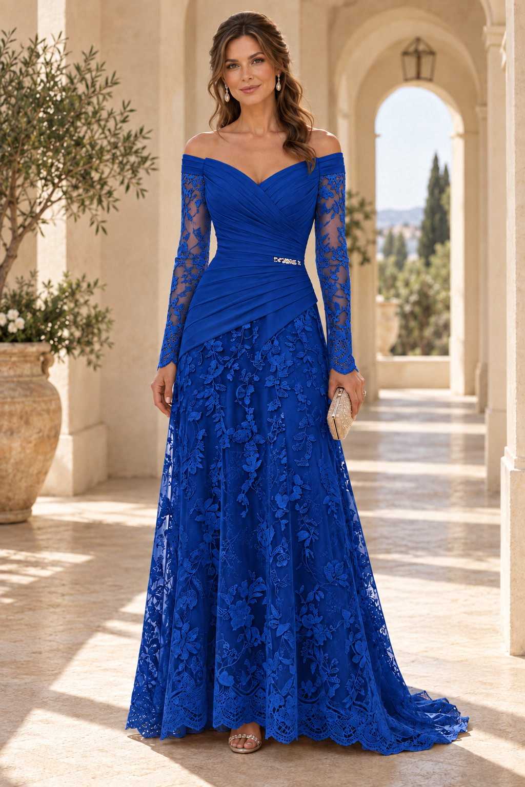 Off-the-Shoulder Ruched Bodice Lace Gown