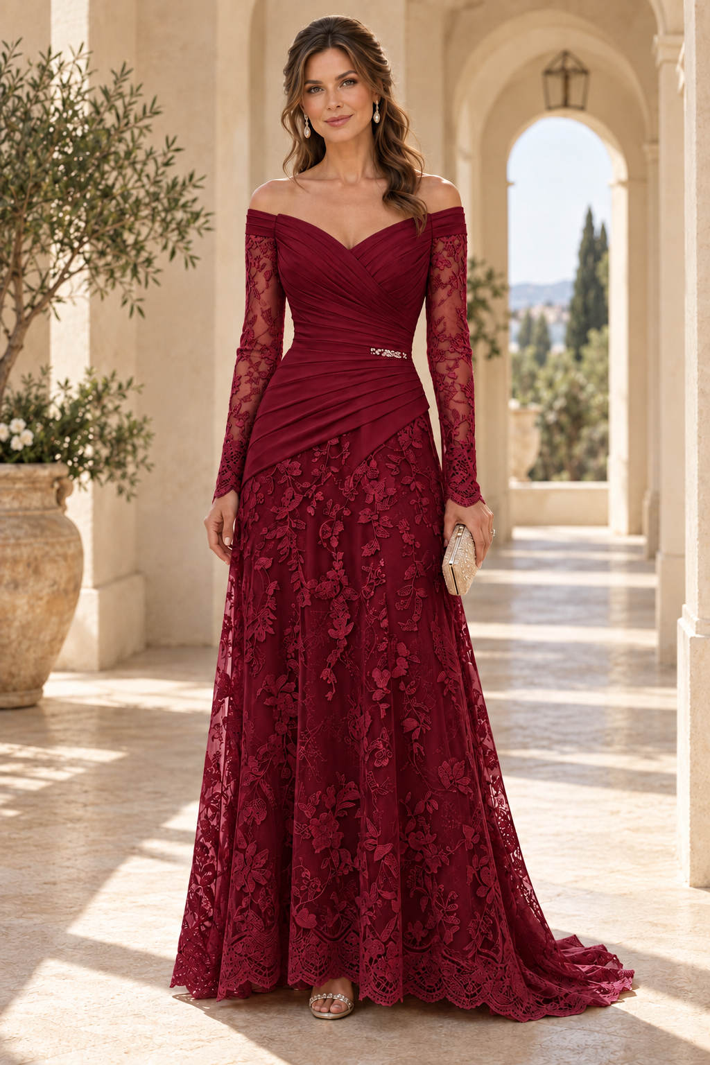 Off-the-Shoulder Ruched Bodice Lace Gown
