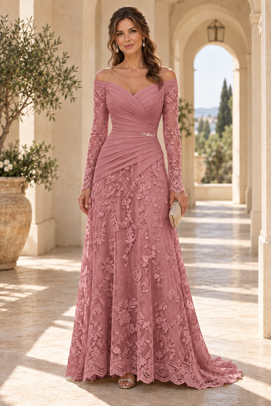 Off-the-Shoulder Ruched Bodice Lace Gown