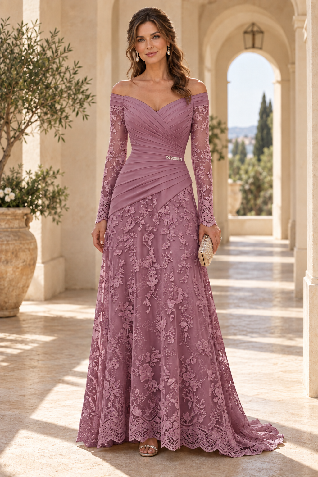 Off-the-Shoulder Ruched Bodice Lace Gown