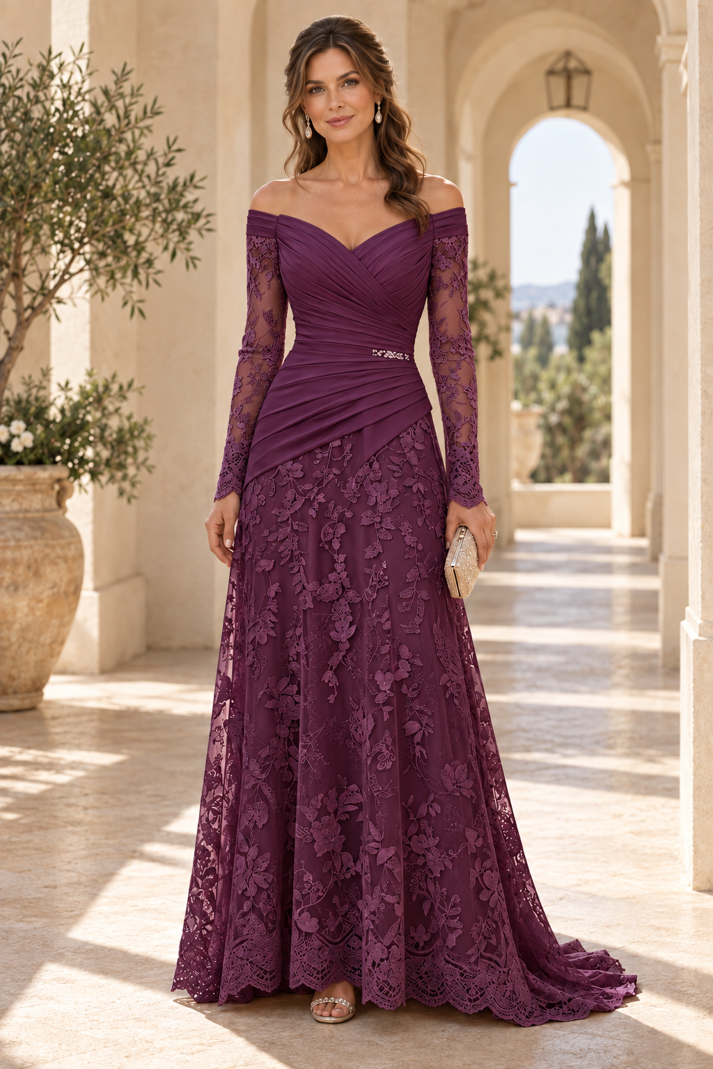 Off-the-Shoulder Ruched Bodice Lace Gown