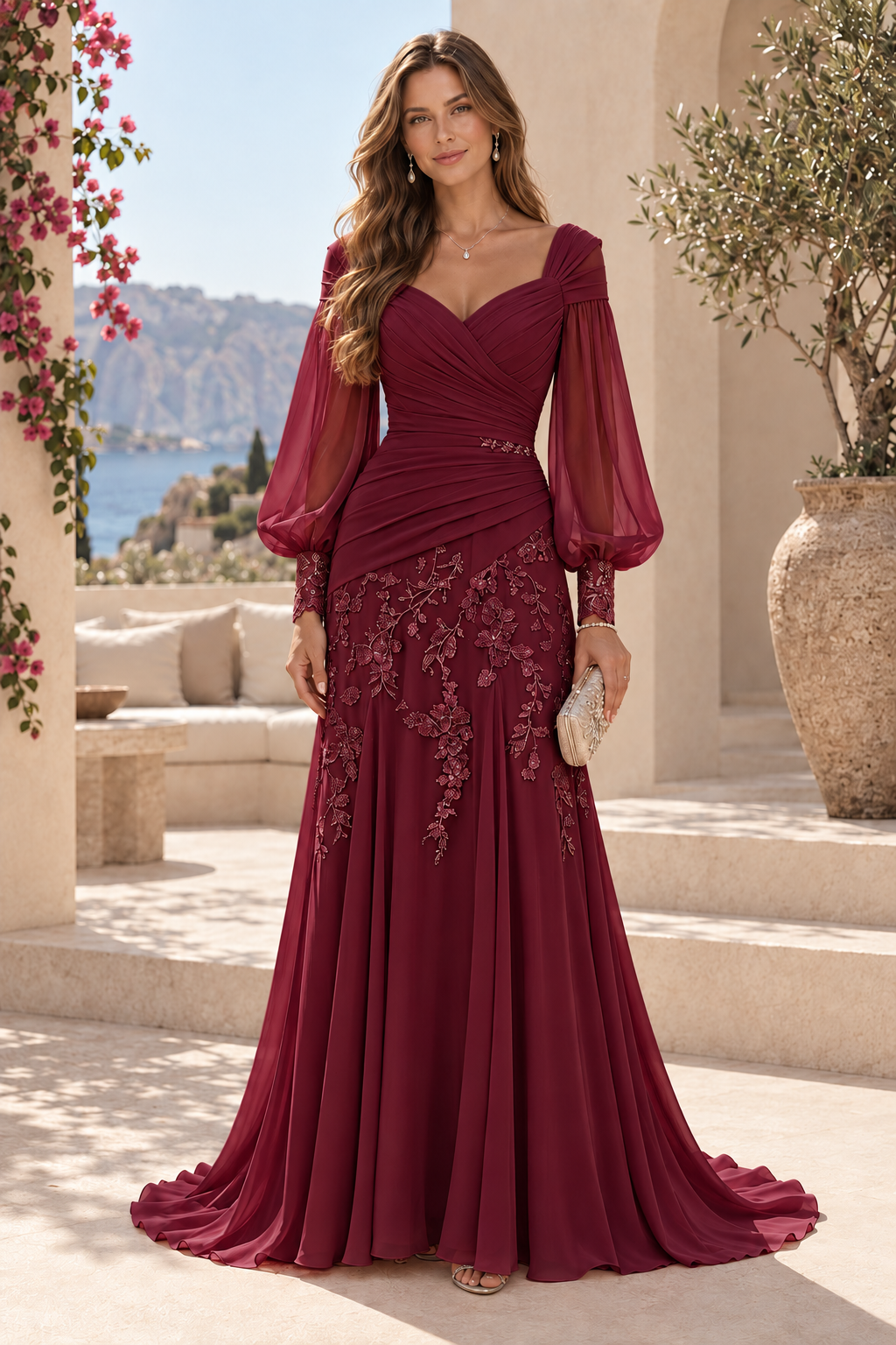 Ruched Bodice Bishop Sleeve Lace Applique Gown