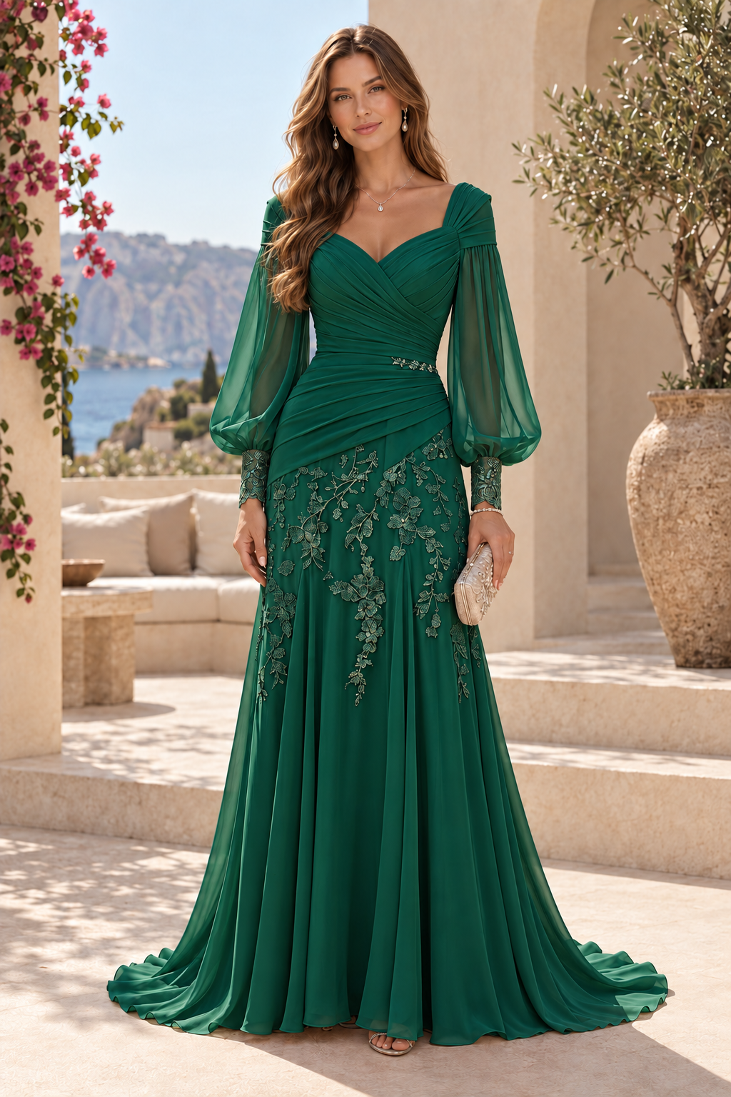 Ruched Bodice Bishop Sleeve Lace Applique Gown