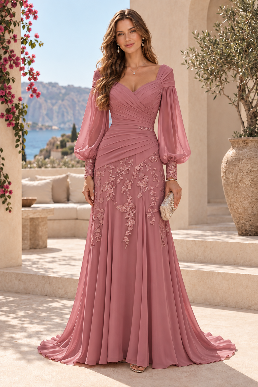 Ruched Bodice Bishop Sleeve Lace Applique Gown