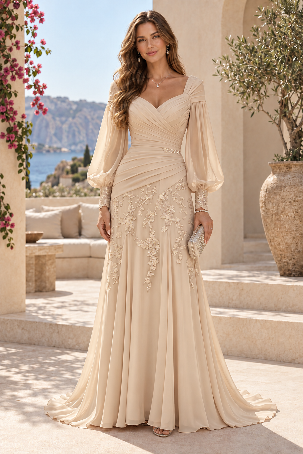 Ruched Bodice Bishop Sleeve Lace Applique Gown