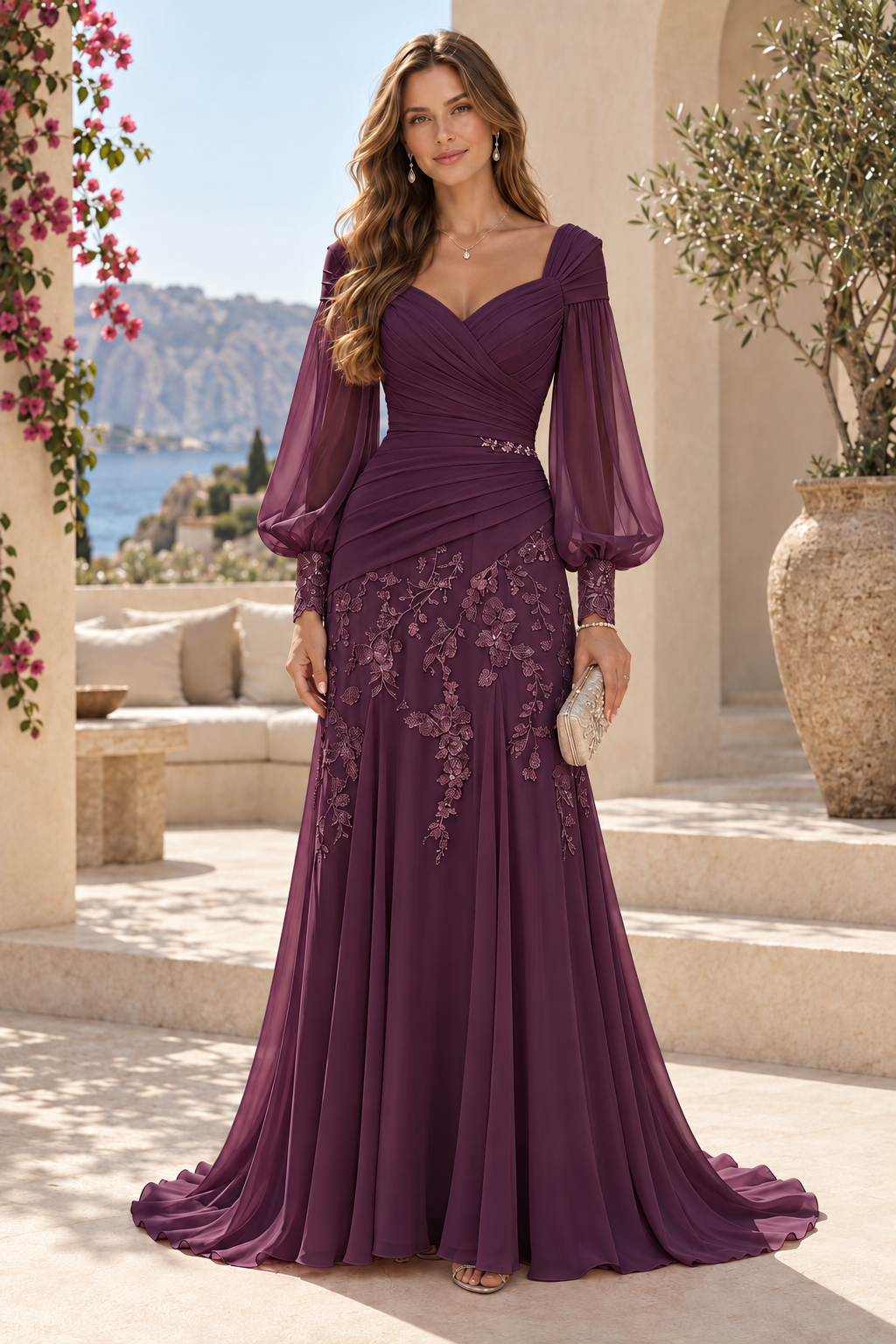 Ruched V-Neck Gown with Bishop Sleeves and Lace