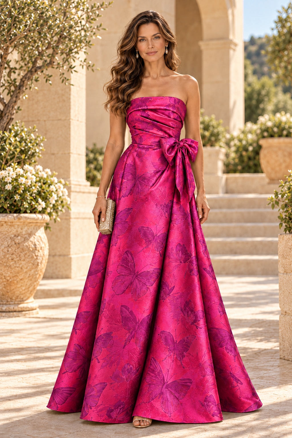 Strapless Butterfly Jacquard A-Line Gown