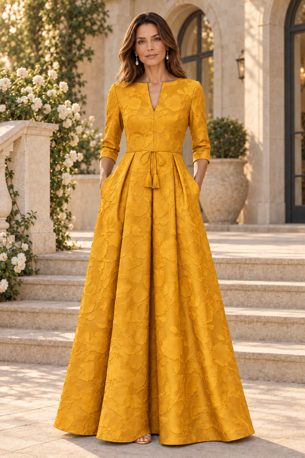 Jacquard A-Line Gown with 3/4 Sleeves