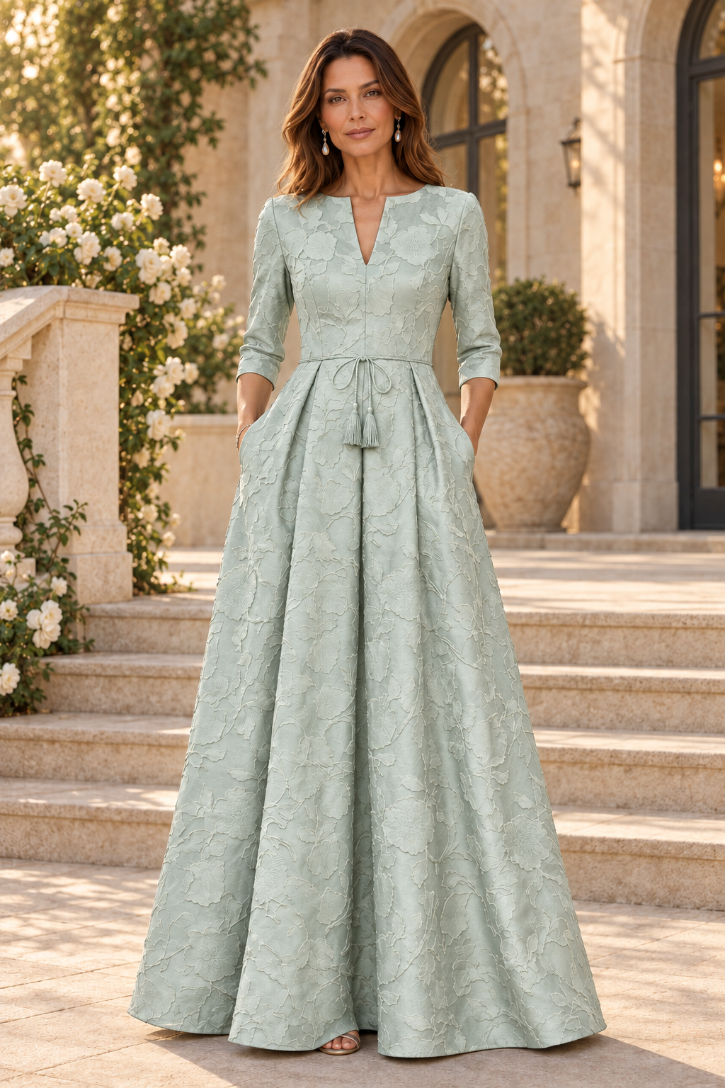 Jacquard A-Line Gown with 3/4 Sleeves
