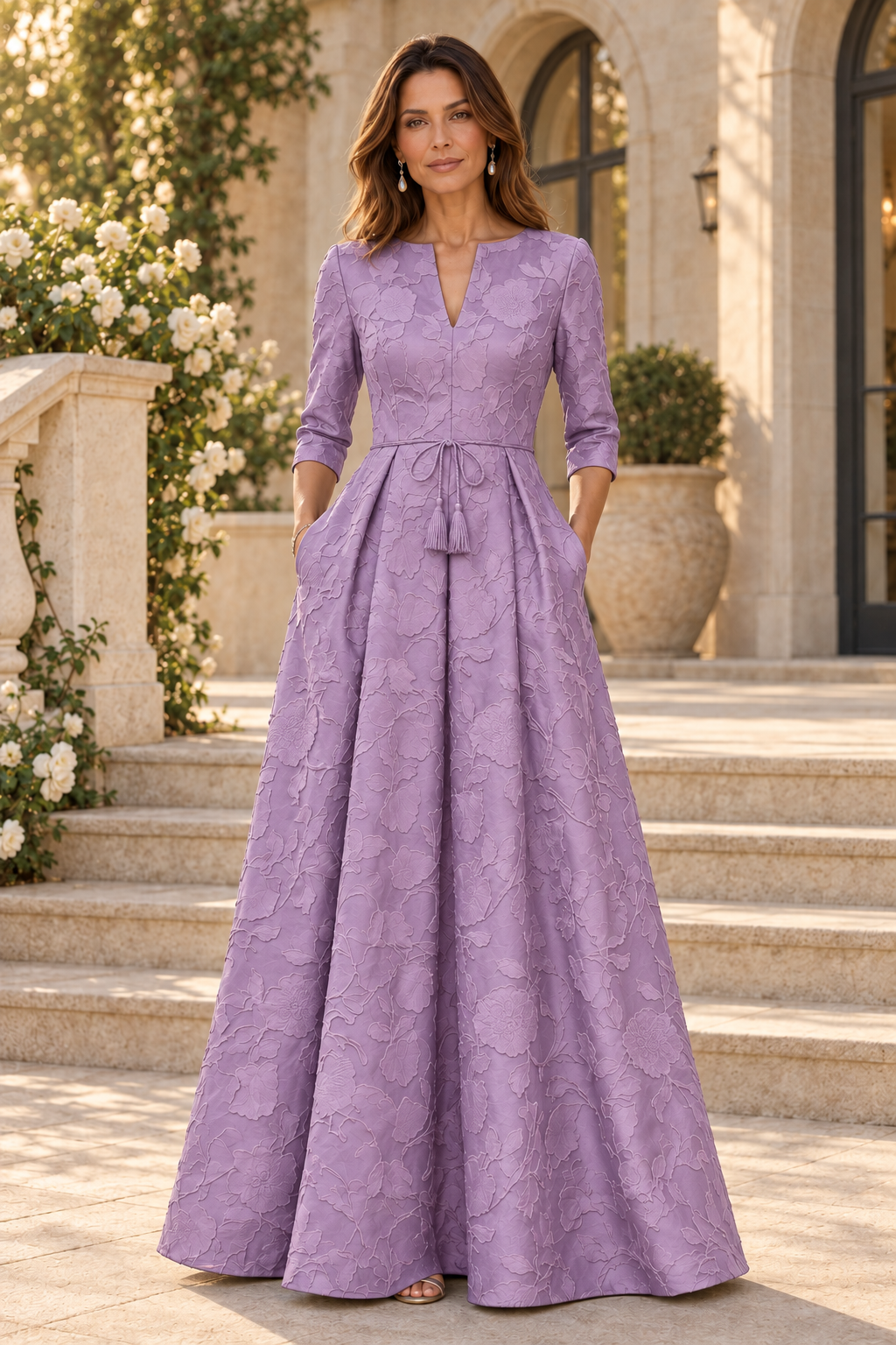Jacquard A-Line Gown with 3/4 Sleeves