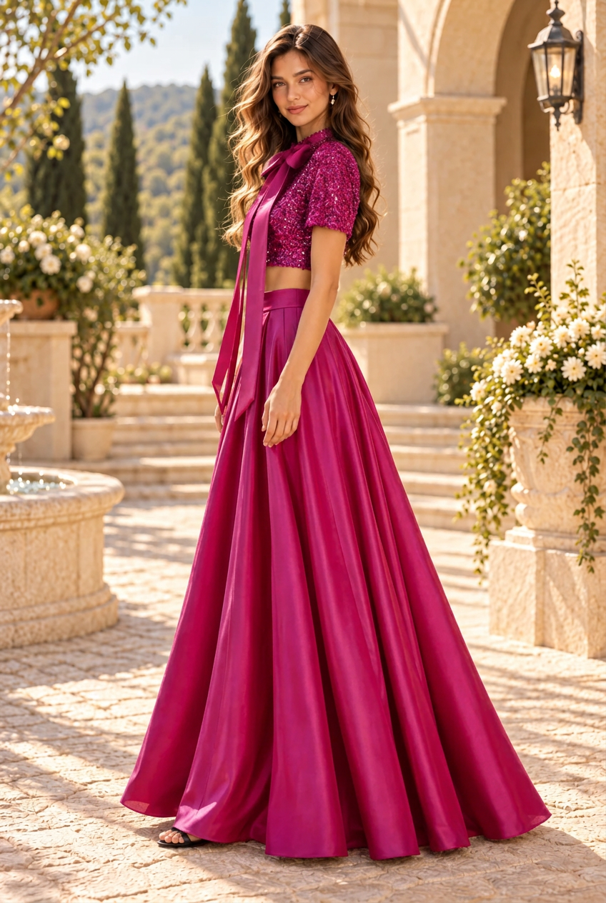 Sequin Crop Top Gown with Dual Slit Skirt