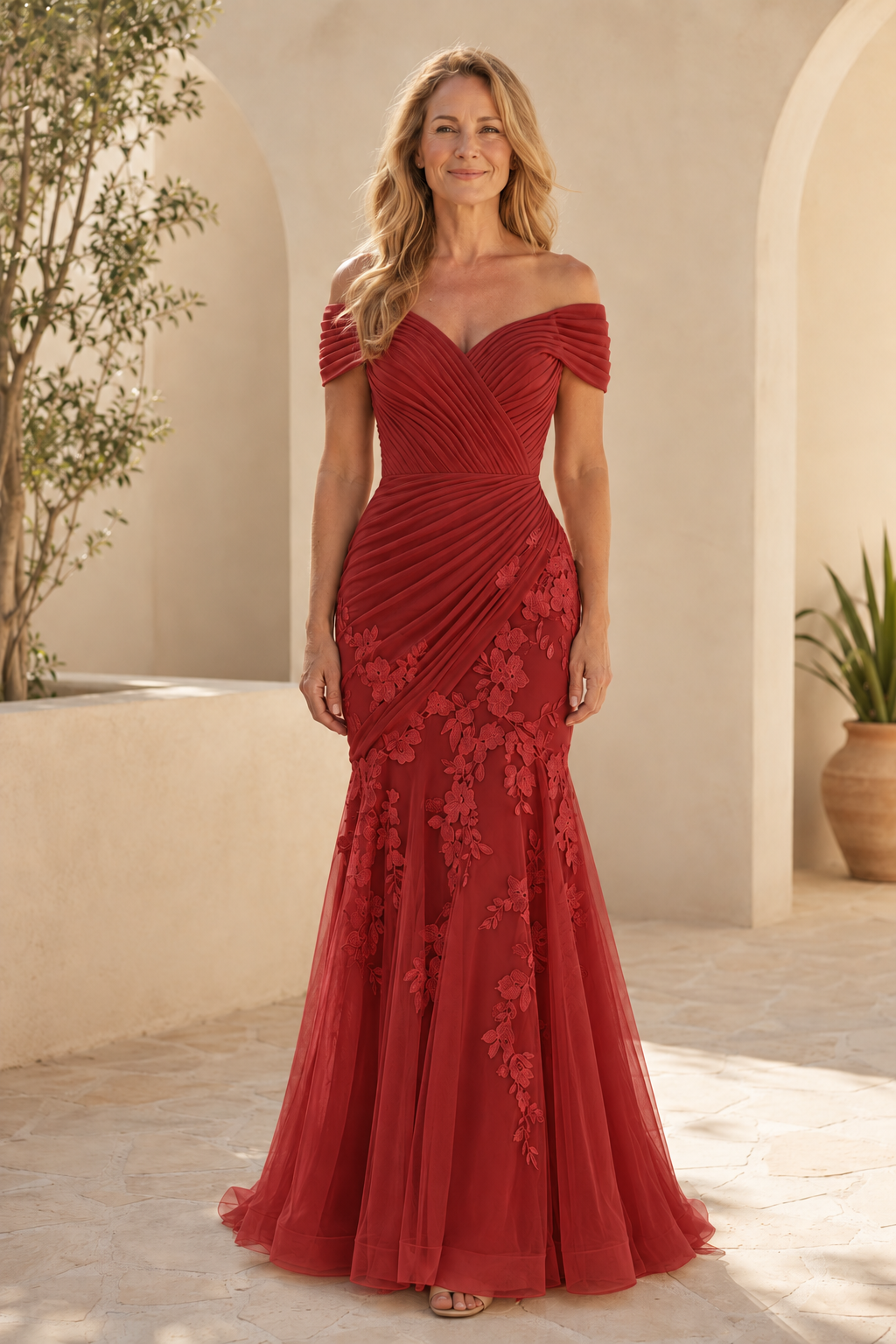 Off-the-Shoulder Ruched Lace Mermaid Gown