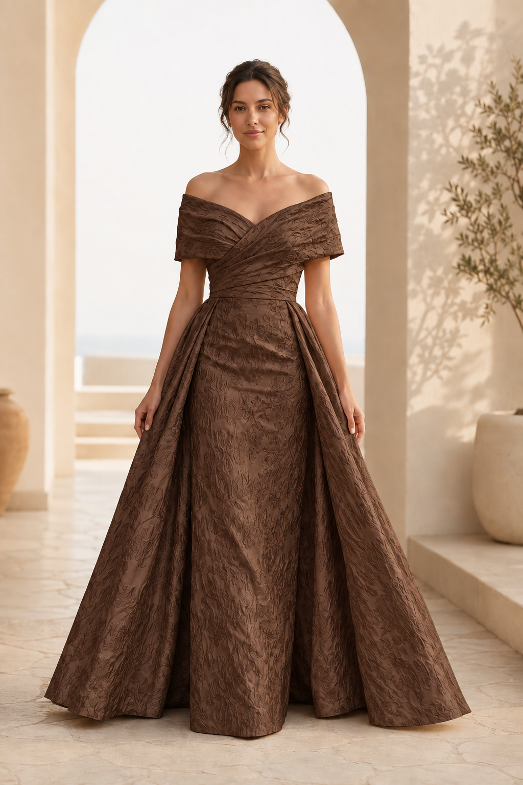 Off-the-Shoulder Jacquard A-Line Gown with Pleated Bodice