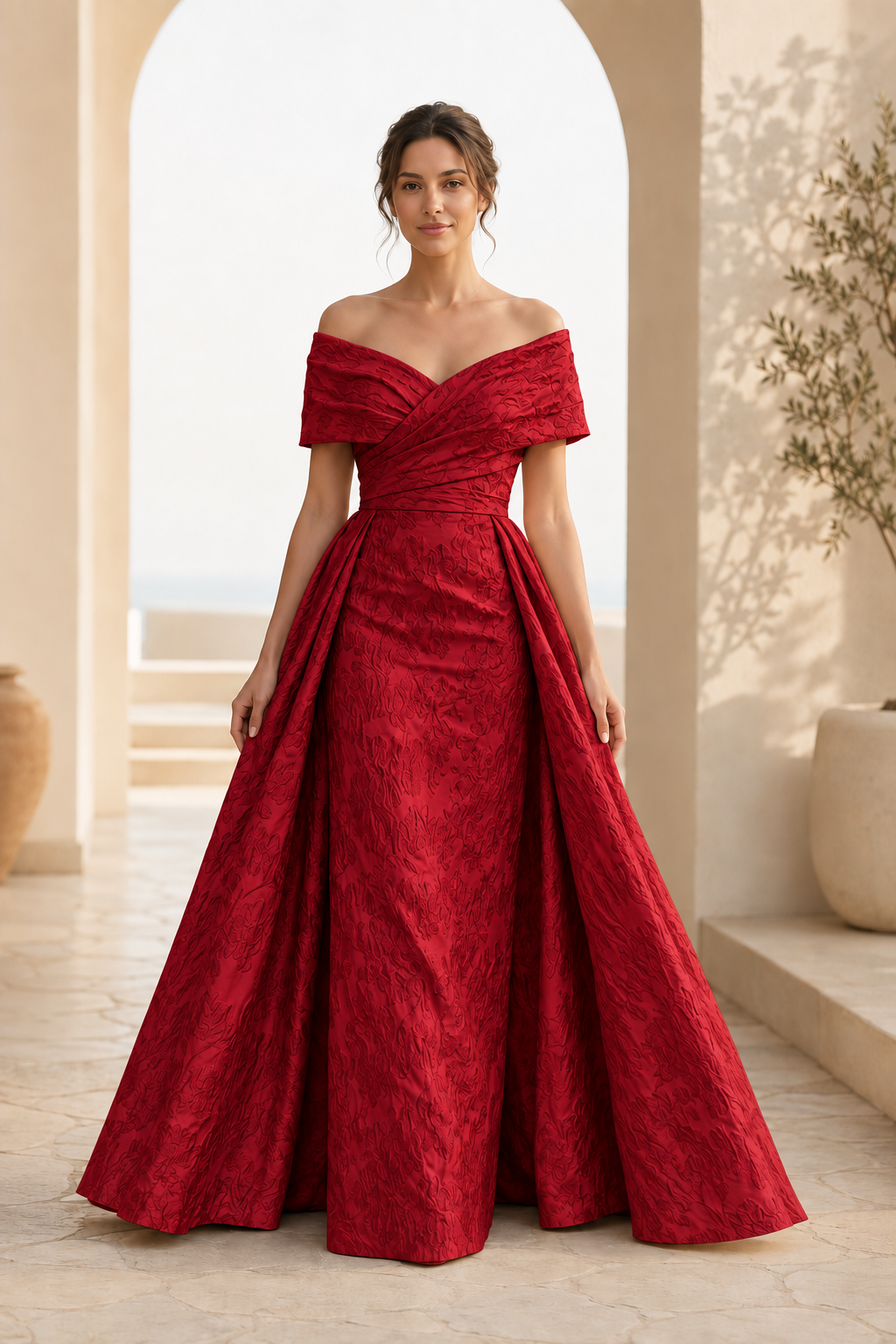 Off-the-Shoulder Jacquard A-Line Gown with Pleated Bodice