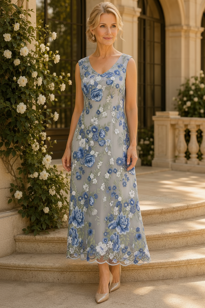 Blumenbesticktes Teelanges Kleid mit Bolero