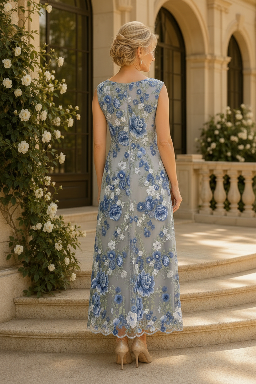 Blumenbesticktes Teelanges Kleid mit Bolero