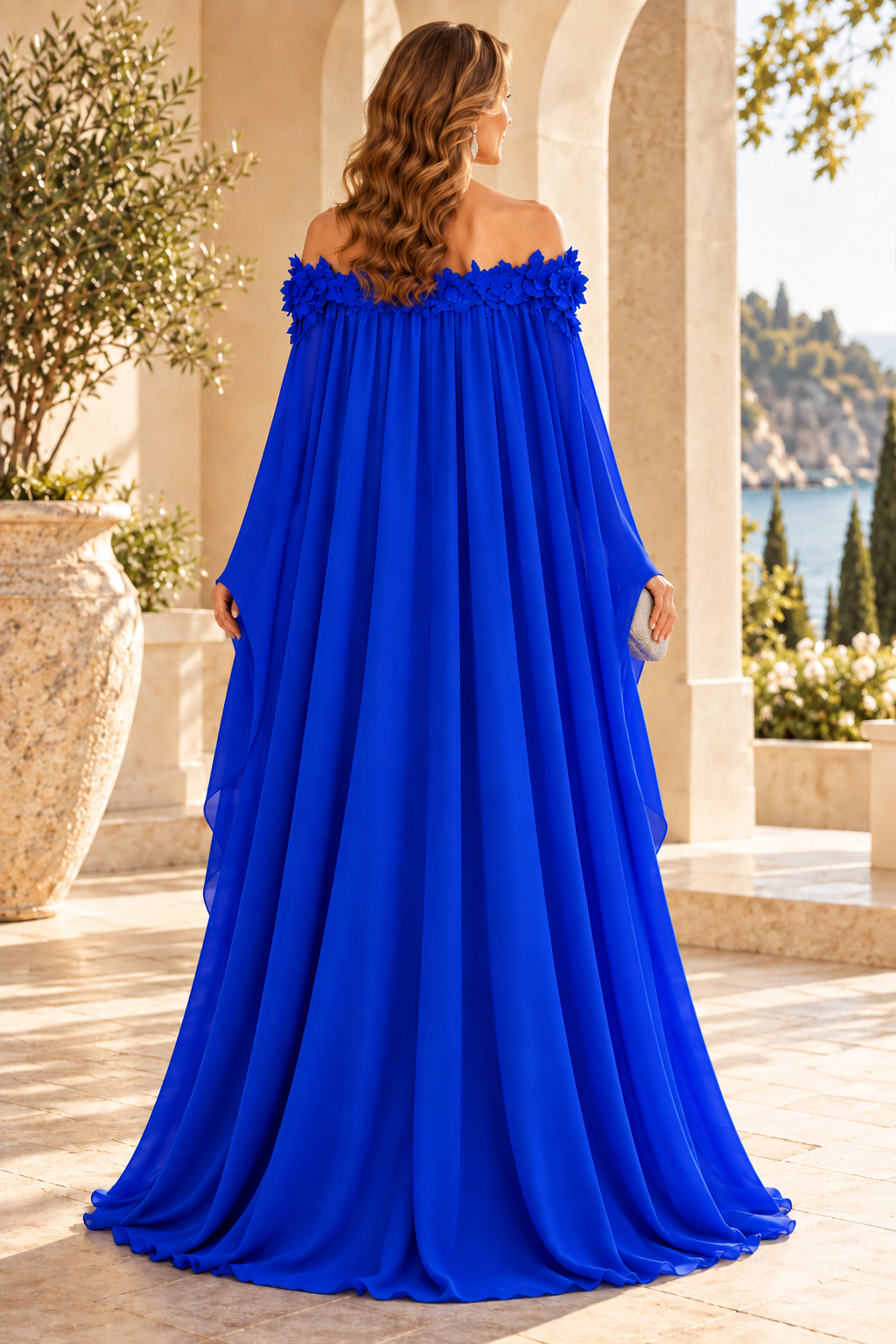 Off-the-Shoulder 3D Floral Cape Evening Gown