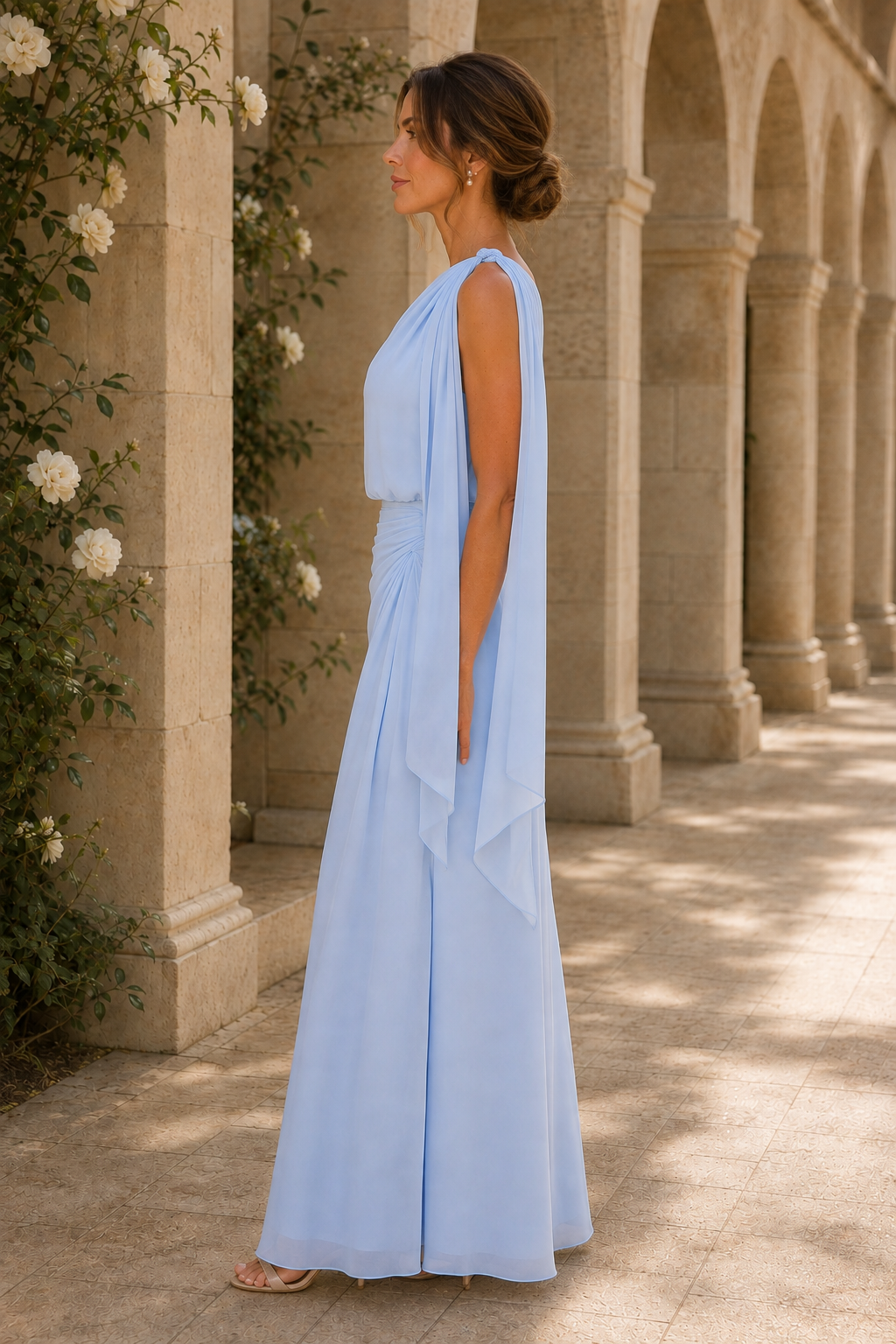 One-Shoulder Ruched Maxi Dress with Shoulder Drape