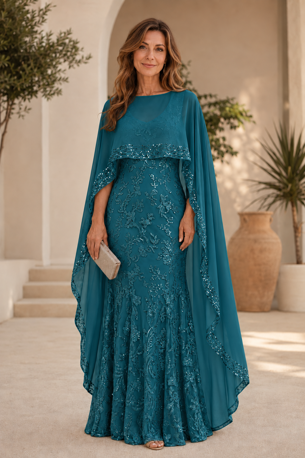 Besticktes Pailletten-Abendkleid mit Capelet