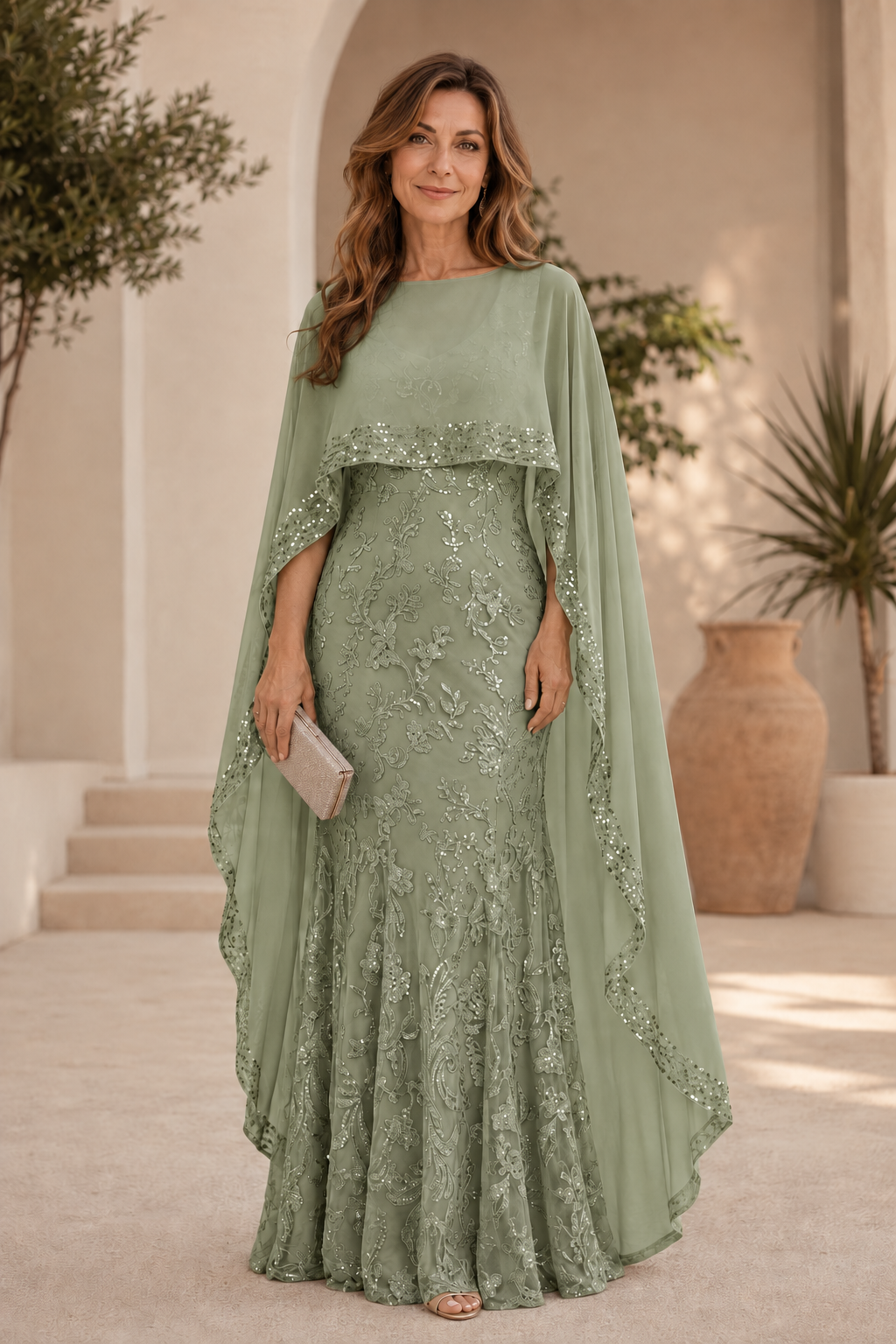 Besticktes Pailletten-Abendkleid mit Capelet