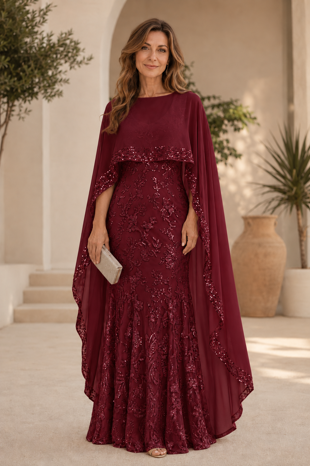 Besticktes Pailletten-Abendkleid mit Capelet
