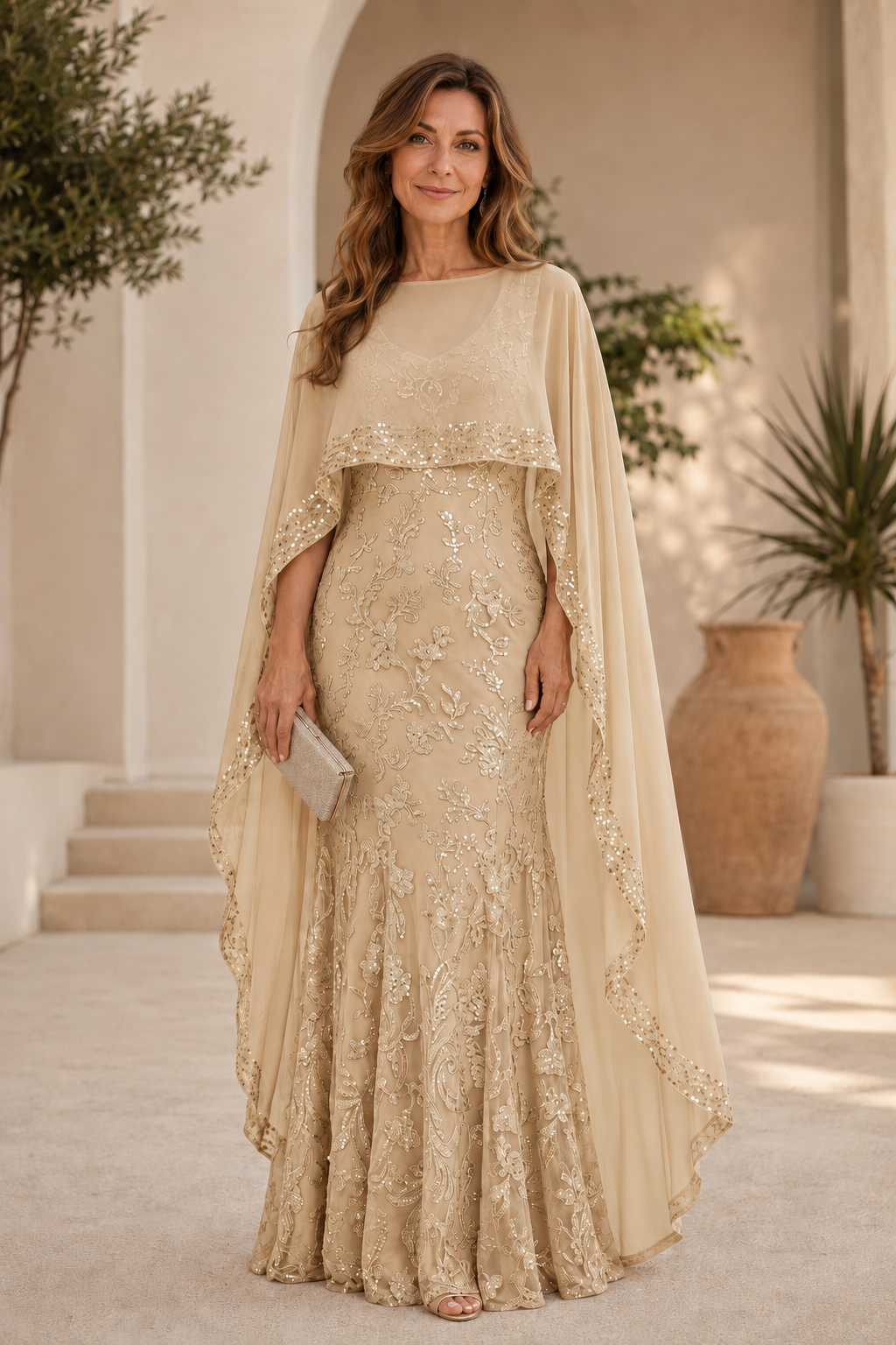 Embroidered Sequin Formal Gown with Capelet