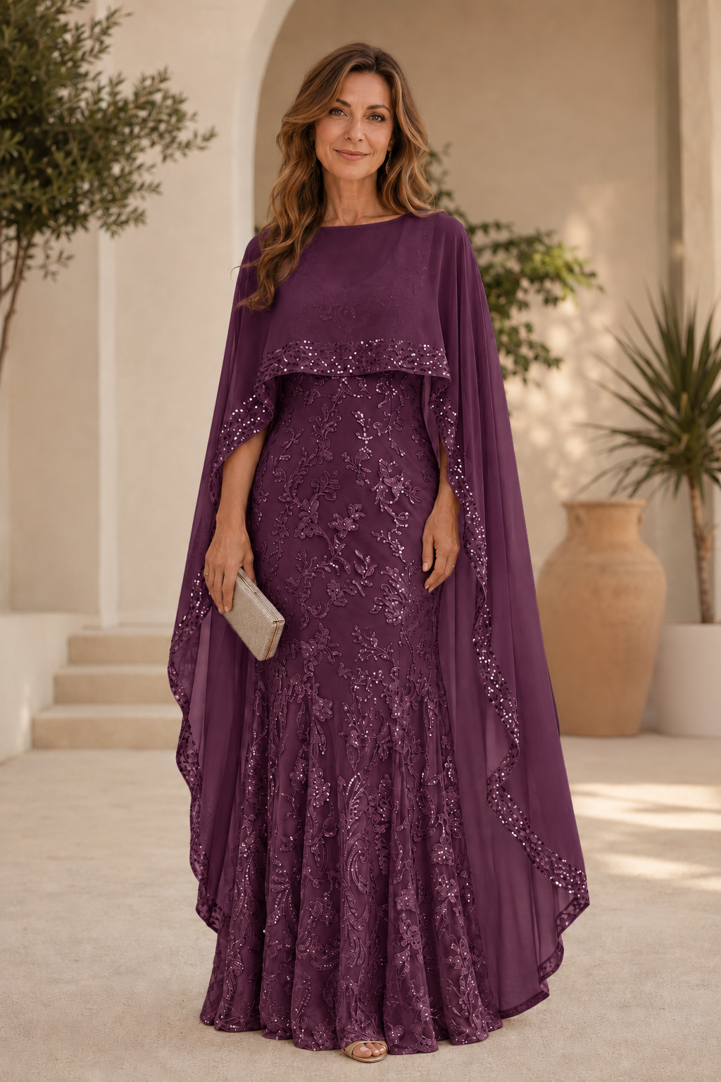 Besticktes Pailletten-Abendkleid mit Capelet