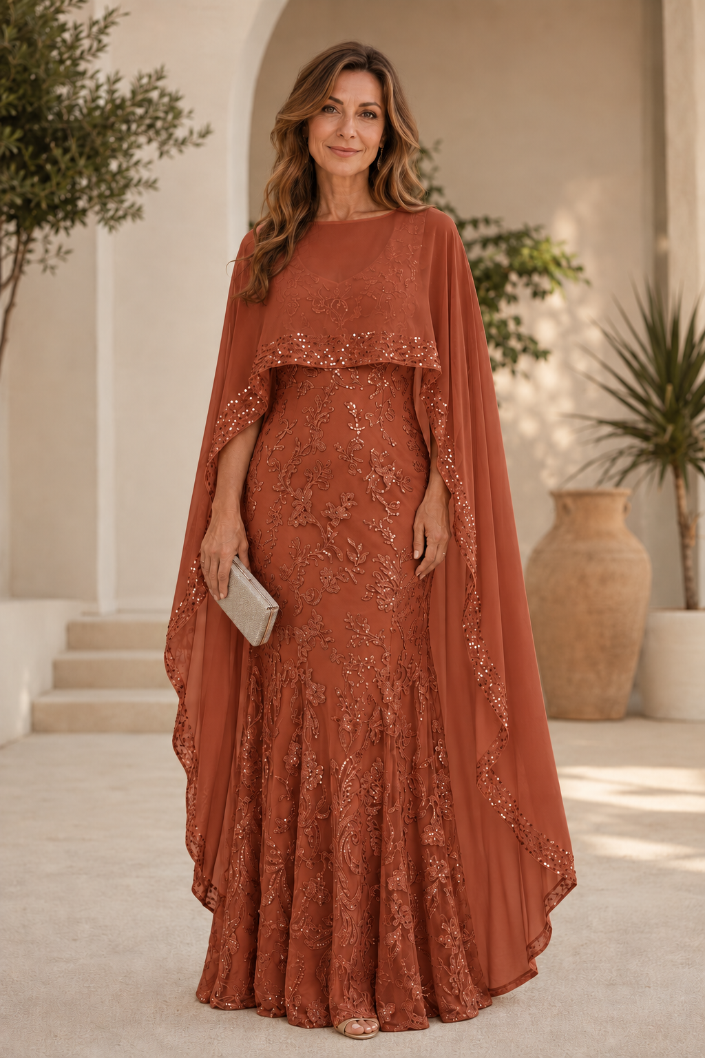 Embroidered Sequin Formal Gown with Capelet