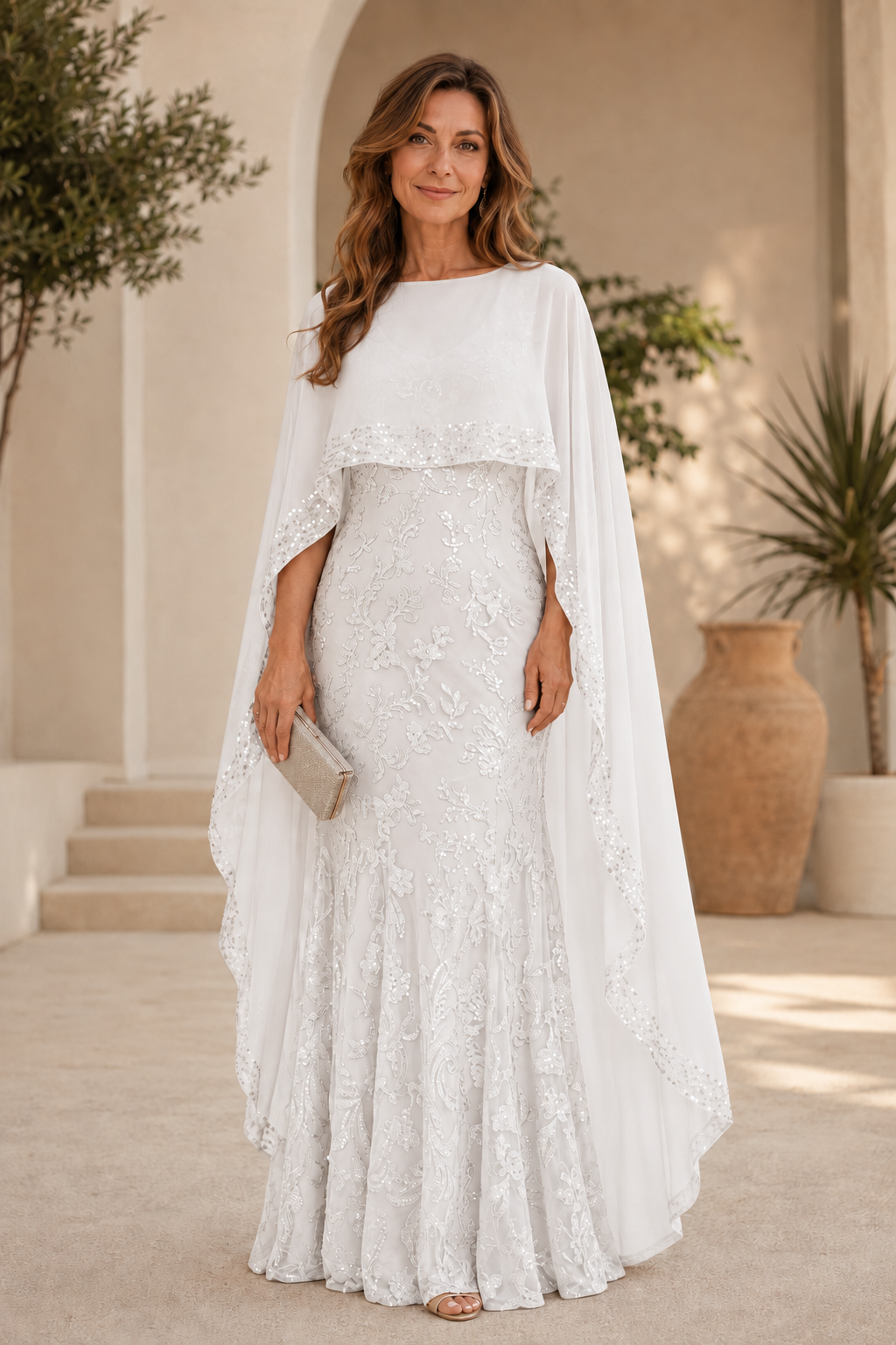 Besticktes Pailletten-Abendkleid mit Capelet